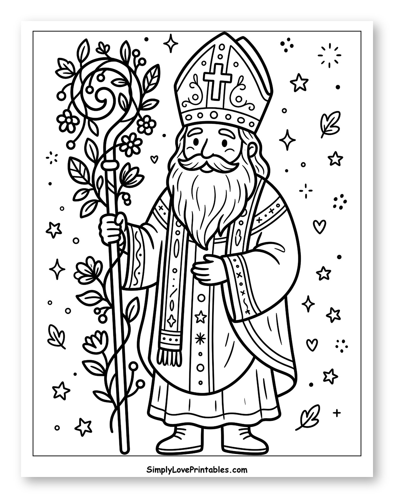 Whimsical St. Nicholas with Floral Staff to Color for Adults