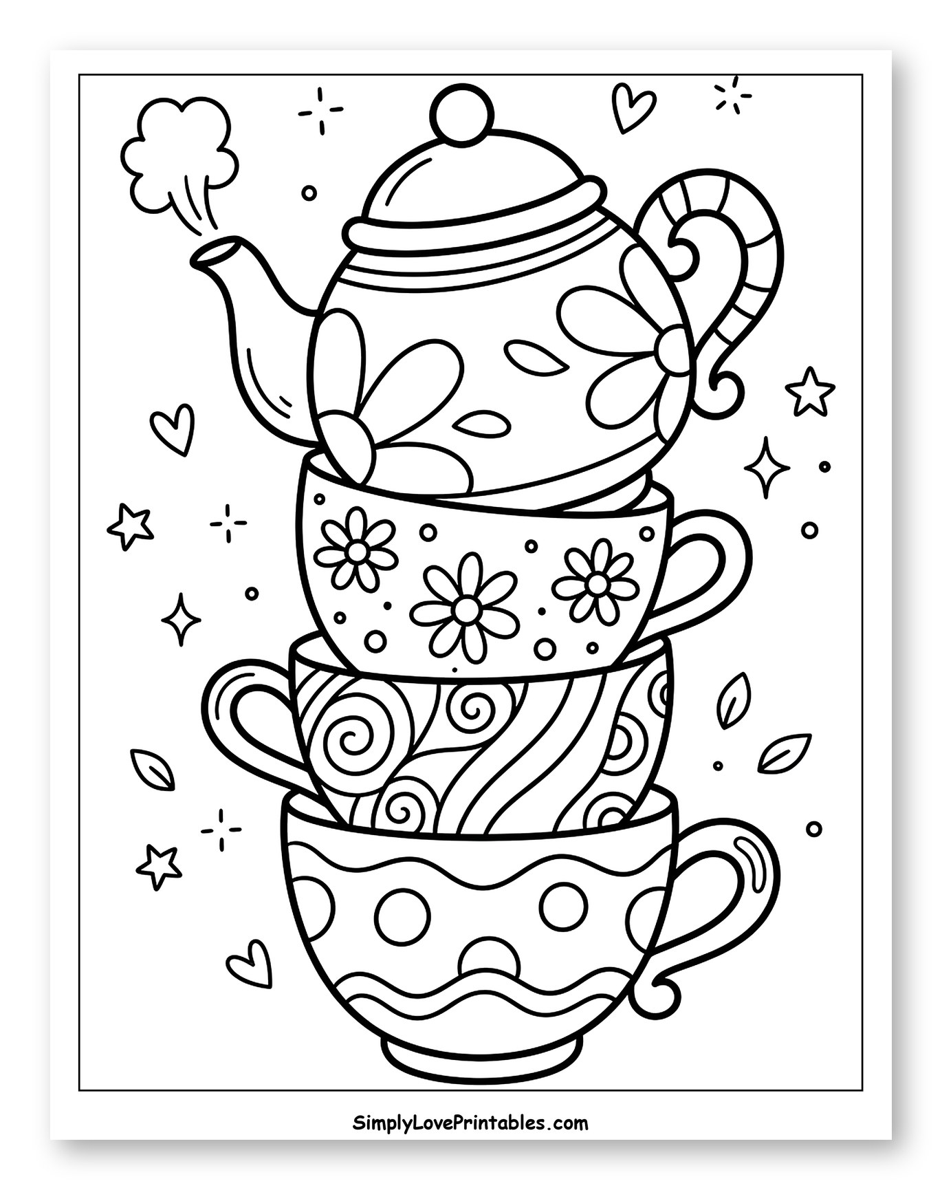 Whimsical Stacked Teapot and Cups Coloring Sheet for Adults