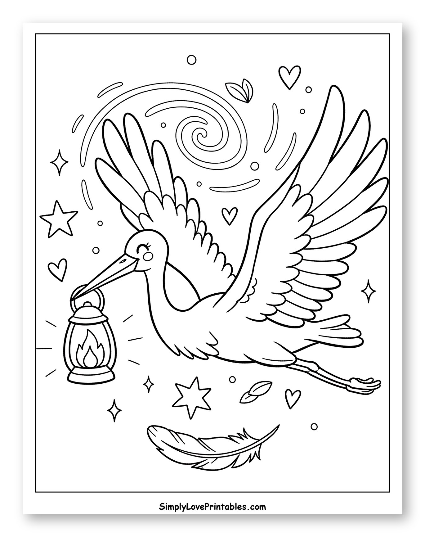 Whimsical Stork Carrying a Lit Lantern Coloring Page for Adults