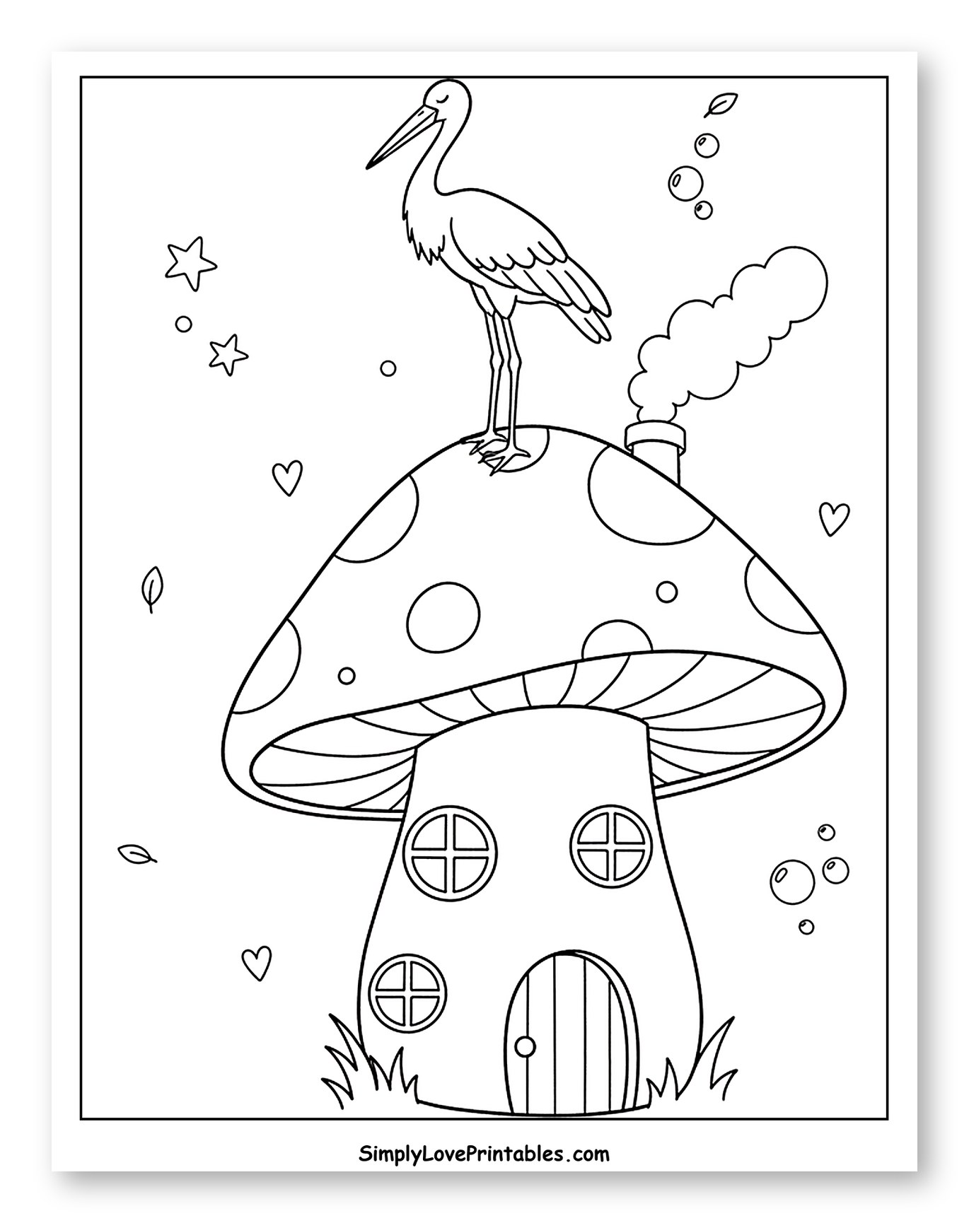 Whimsical Stork on a Spotted Mushroom Home
