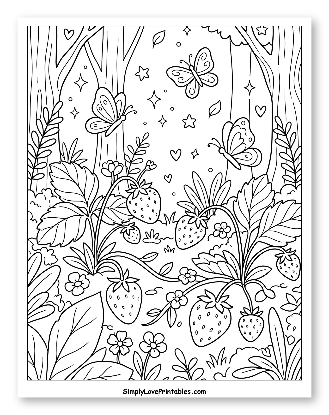 Whimsical Strawberry Field with Butterflies and Stars Coloring Page for Adults