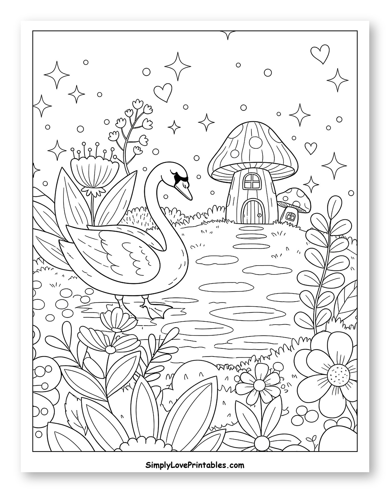 Whimsical Swan by a Pond with Mushroom Houses