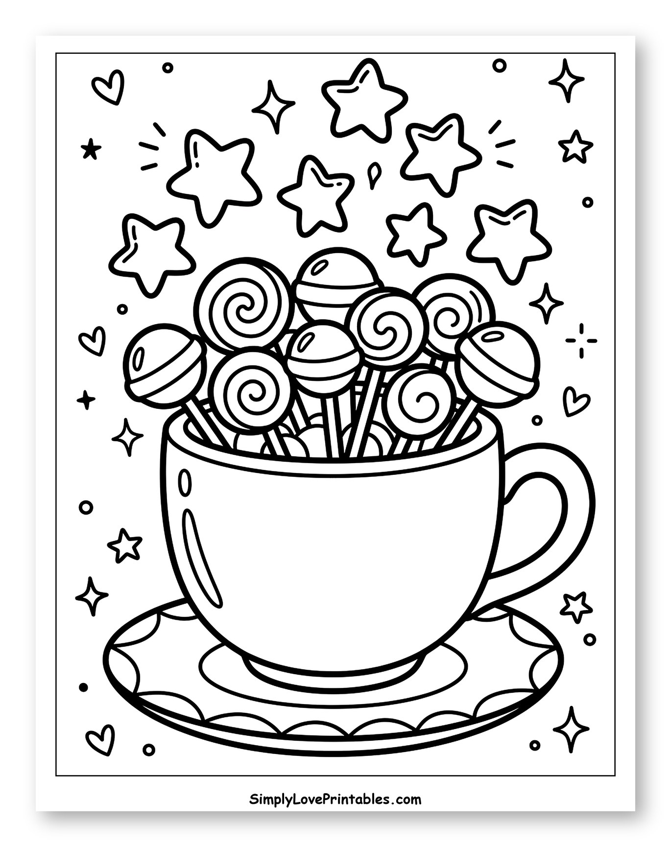 Whimsical Teacup with Lollipops and Floating Stars