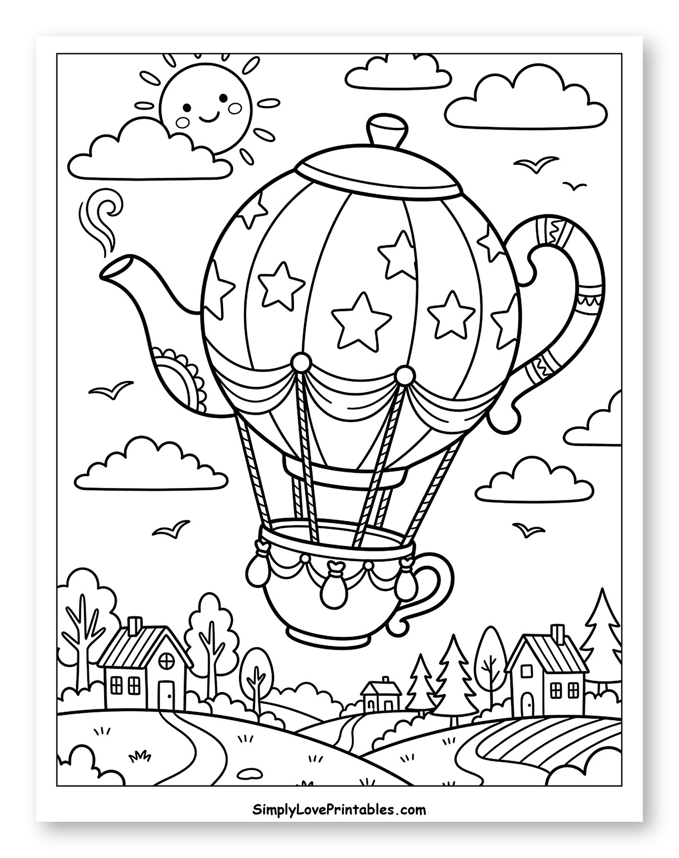 Whimsical Teapot Balloon Flying Over Countryside