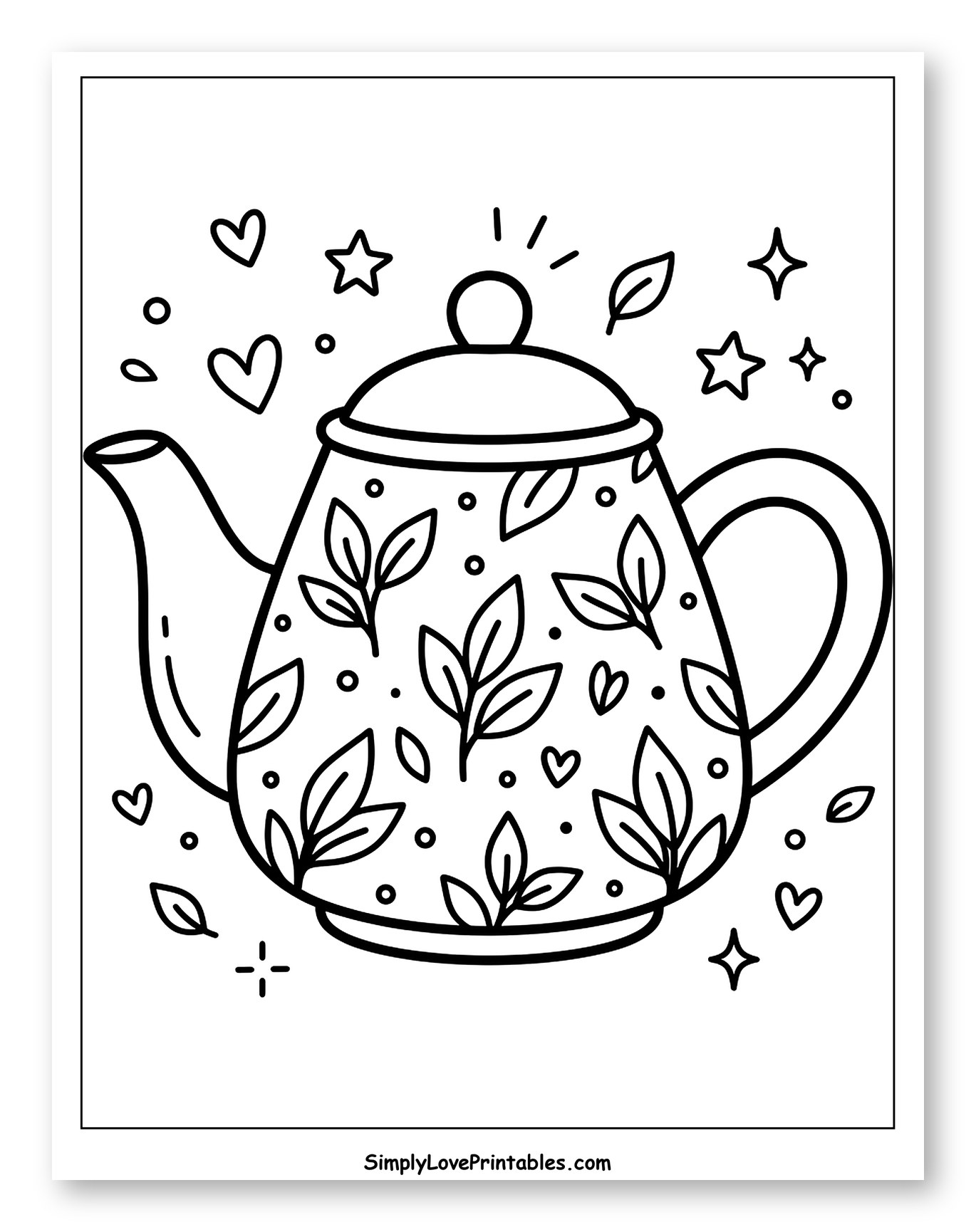 Whimsical Teapot with Floating Leaves Coloring Sheet for Adults