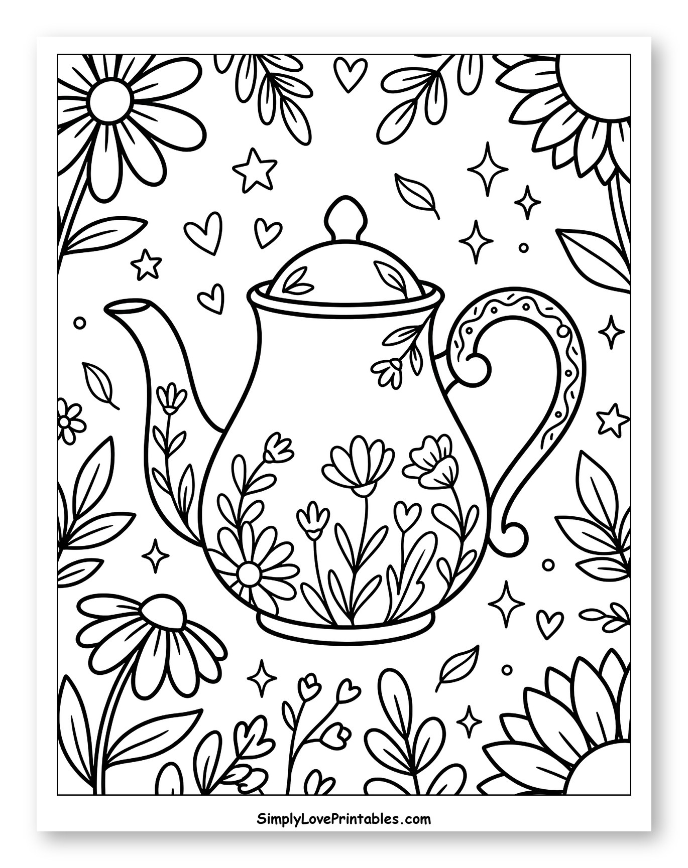 Whimsical Teapot with Flowers and Garden Design Coloring Page for Adults