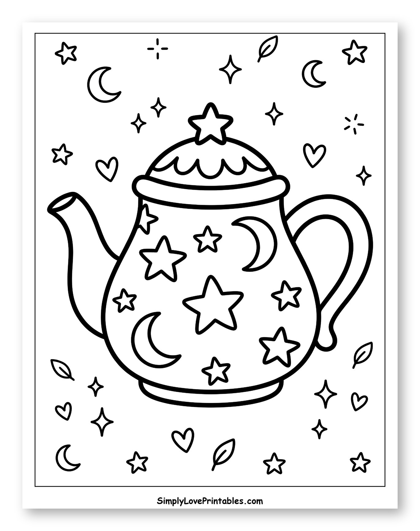 Whimsical Teapot with Stars and Moons Coloring Page for Adults