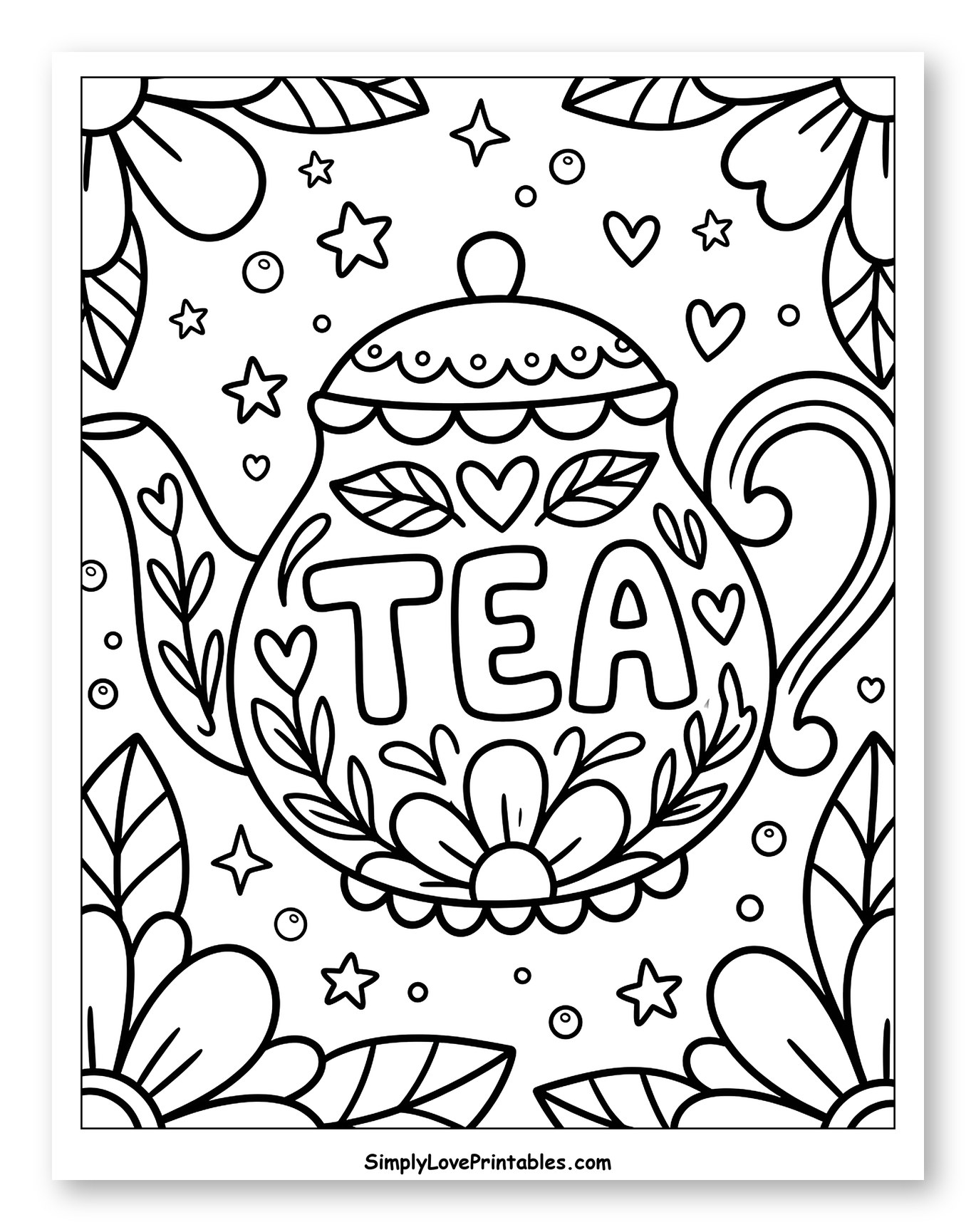 Whimsical Teapot with Tea Message and Flowers Coloring Sheet for Adults
