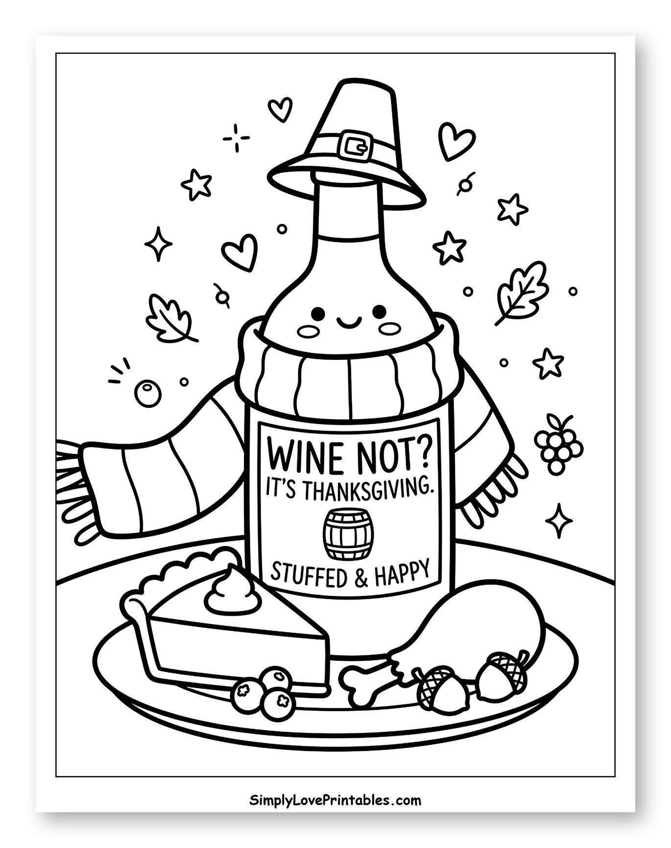 Whimsical Thanksgiving Wine Bottle and Festive Feast Coloring Sheet for Adults