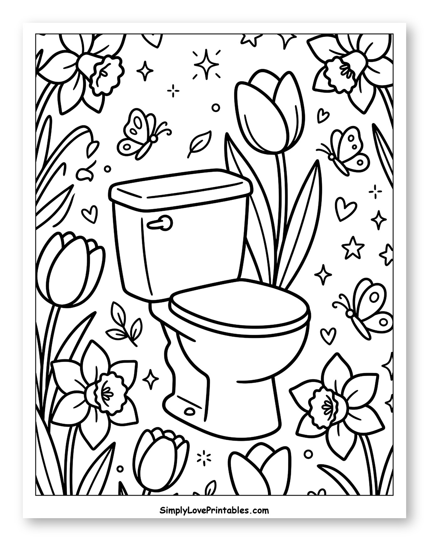 Whimsical Toilet with Flowers and Butterflies Coloring Page for Adults