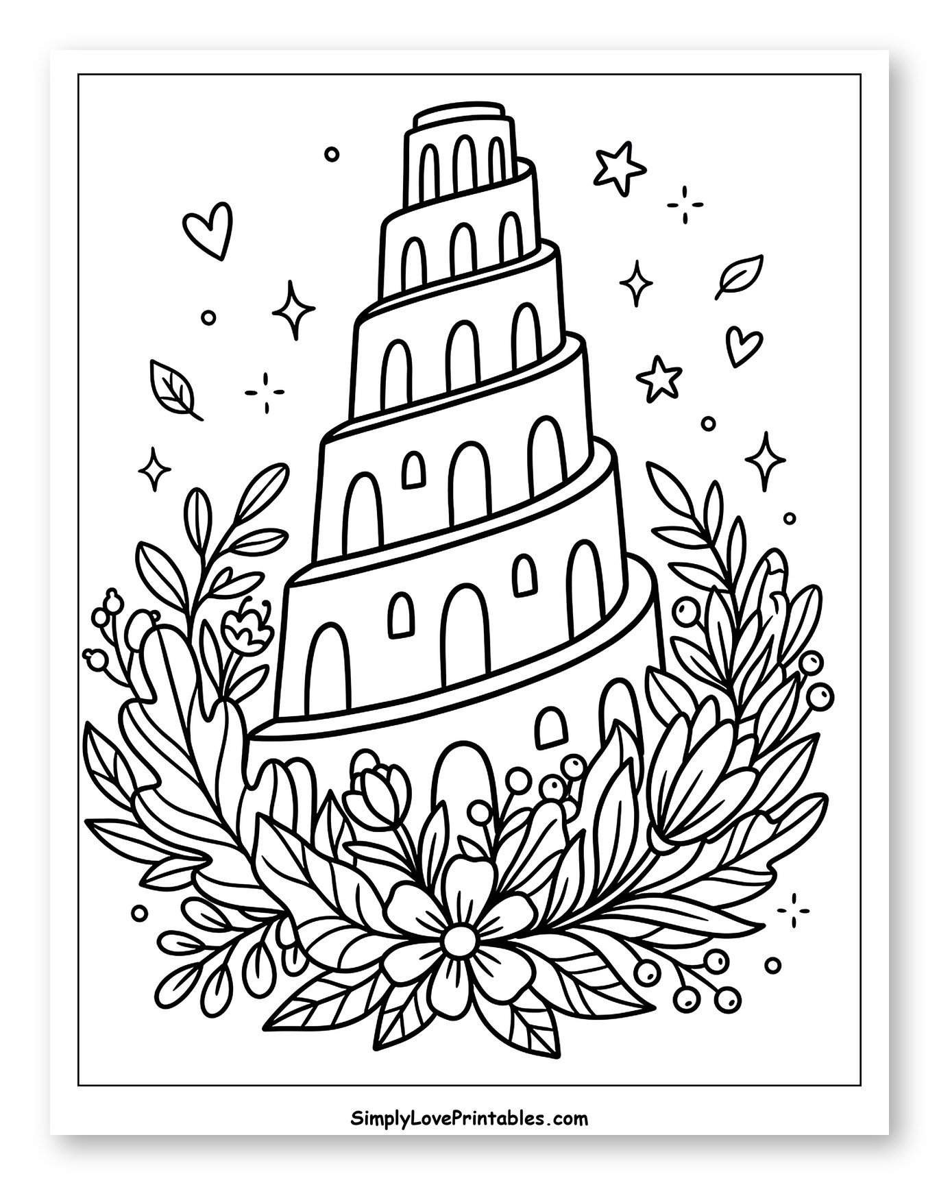 Whimsical Tower of Babel Amidst Lush Foliage Coloring Sheet for Adults