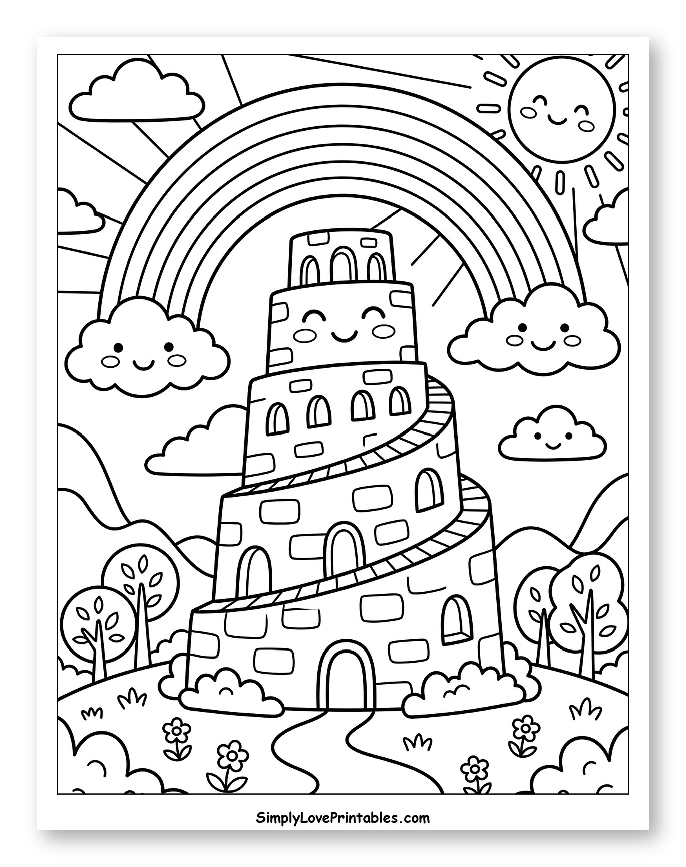 Whimsical Tower of Babel with Rainbow and Sun to Color for Kids