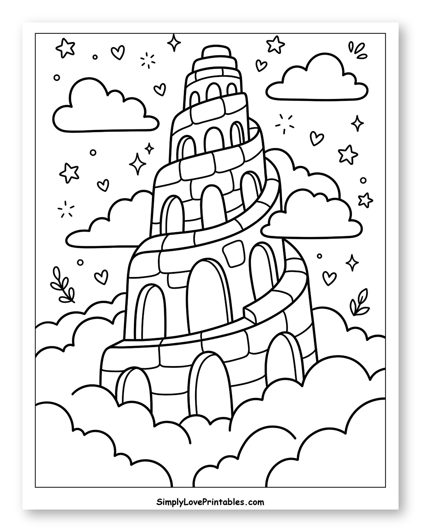 Whimsical Tower with Clouds and Stars to Color for Adults