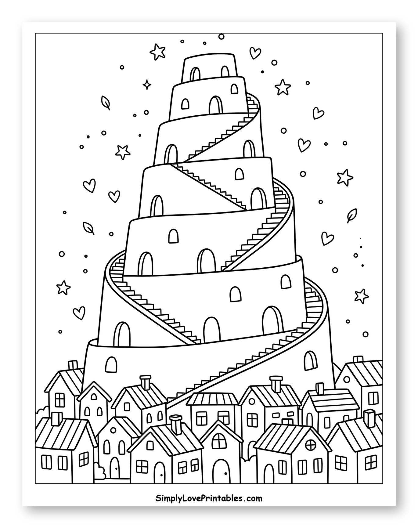 Whimsical Tower with Spiral Staircase and Village