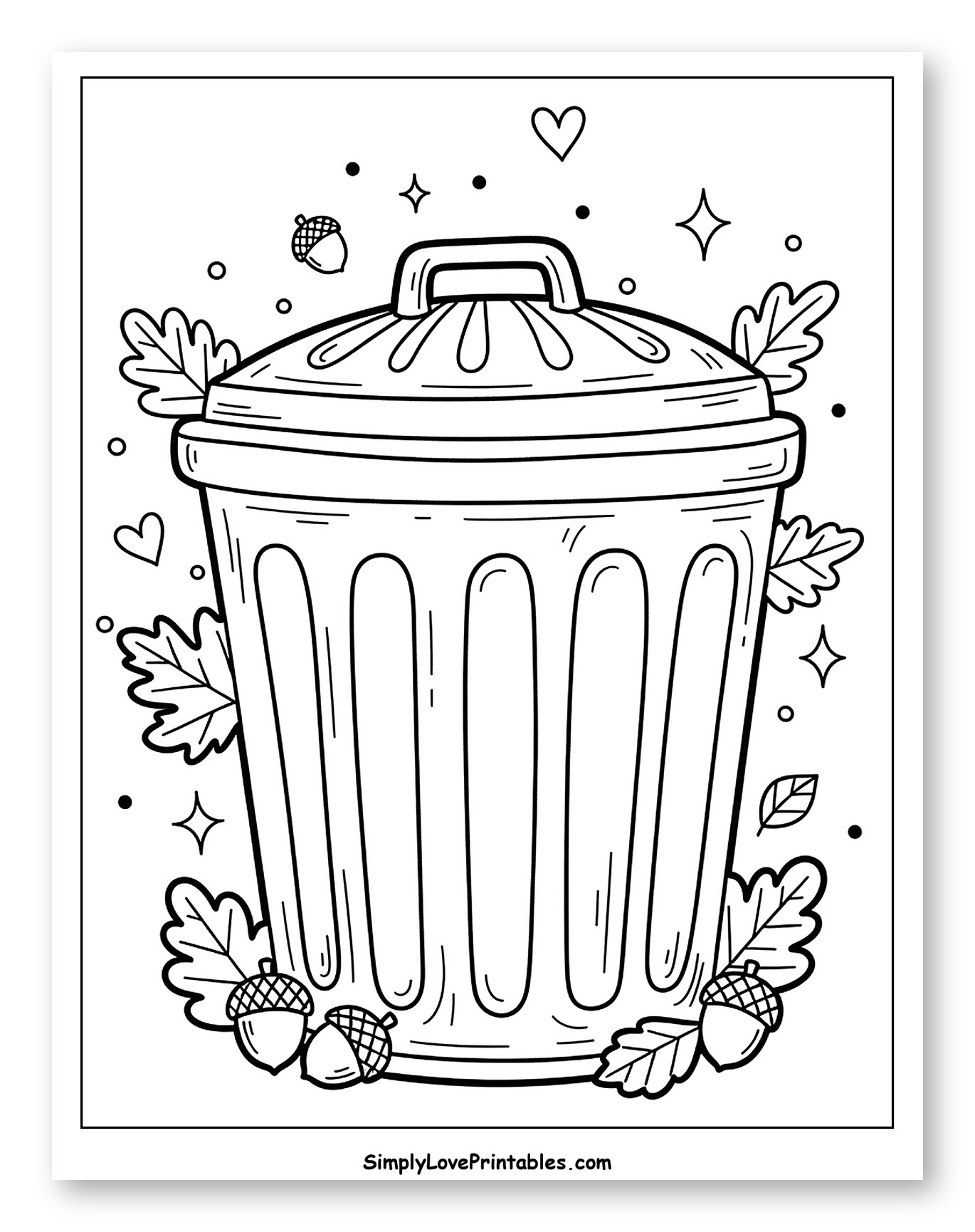Whimsical Trash Can with Autumn Leaves and Acorns