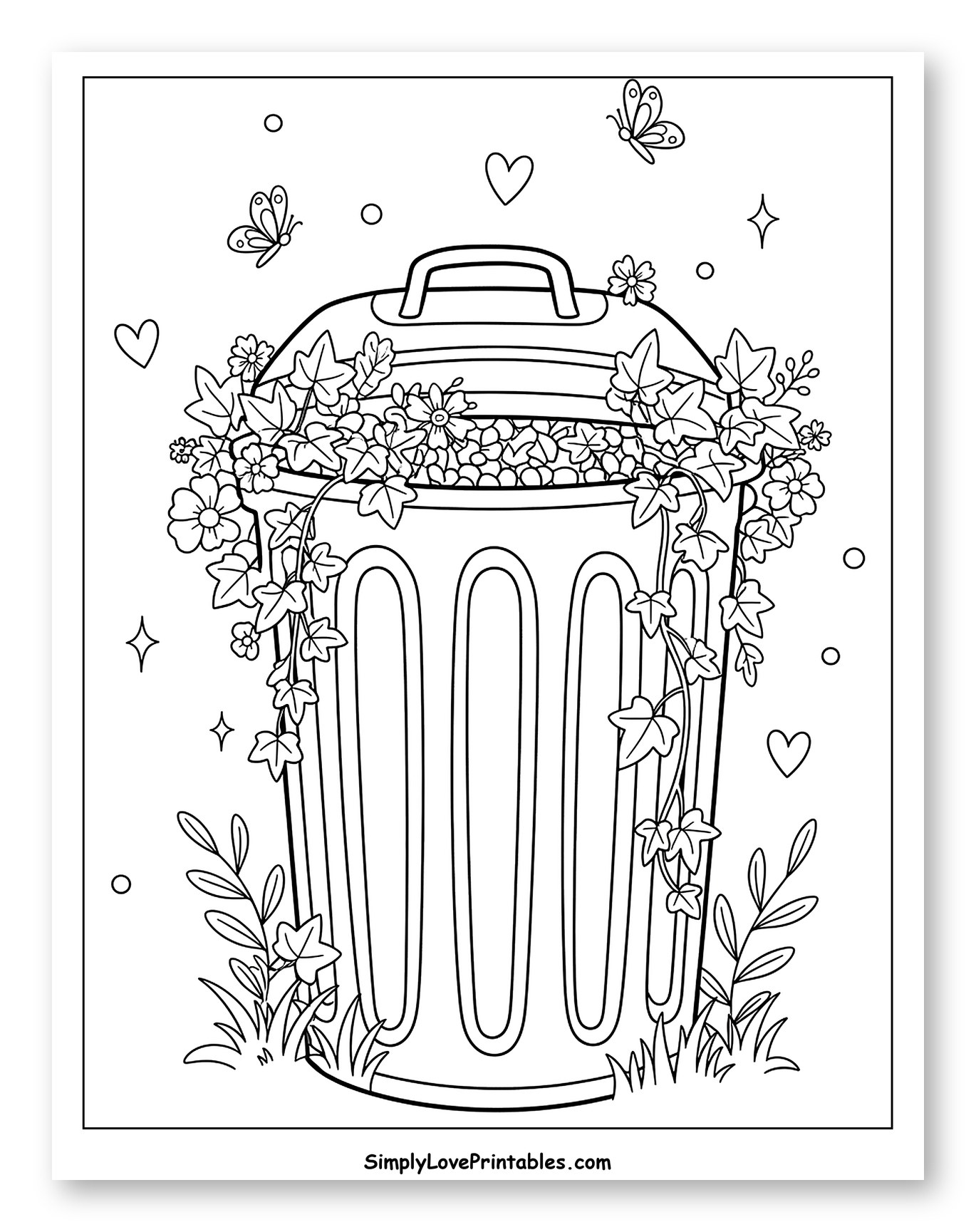 Whimsical Trash Can with Blooming Vines Coloring Sheet for Adults