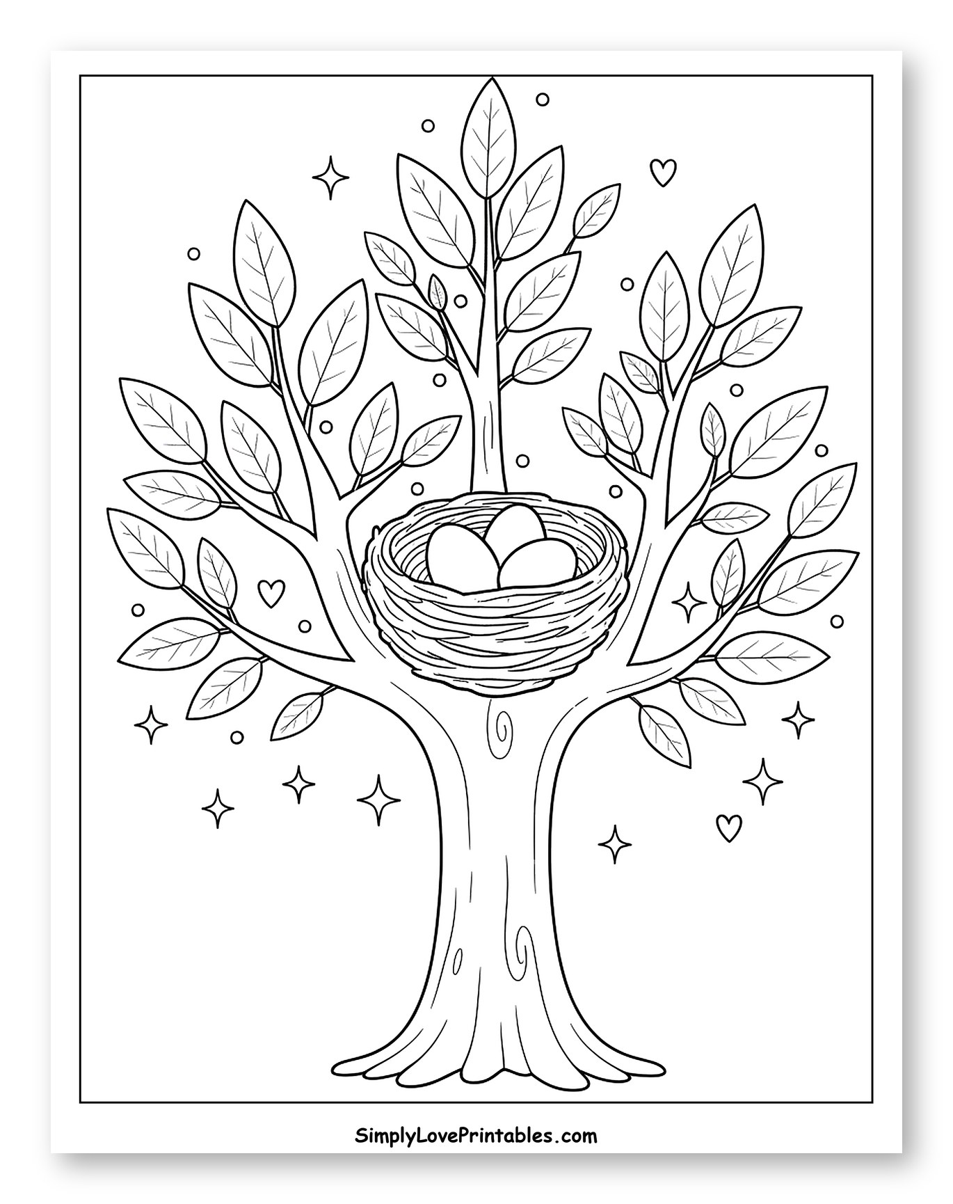 Whimsical Tree with Bird Nest and Eggs to Color for Adults