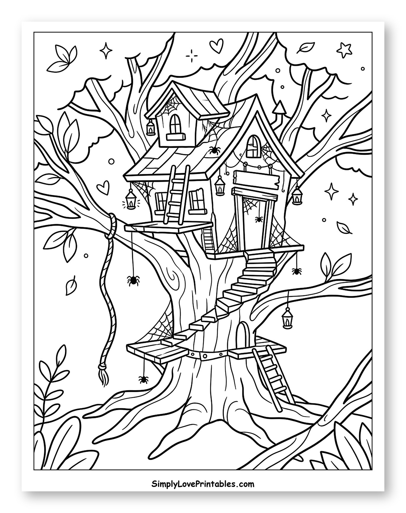 Whimsical Treehouse with Halloween Spiders