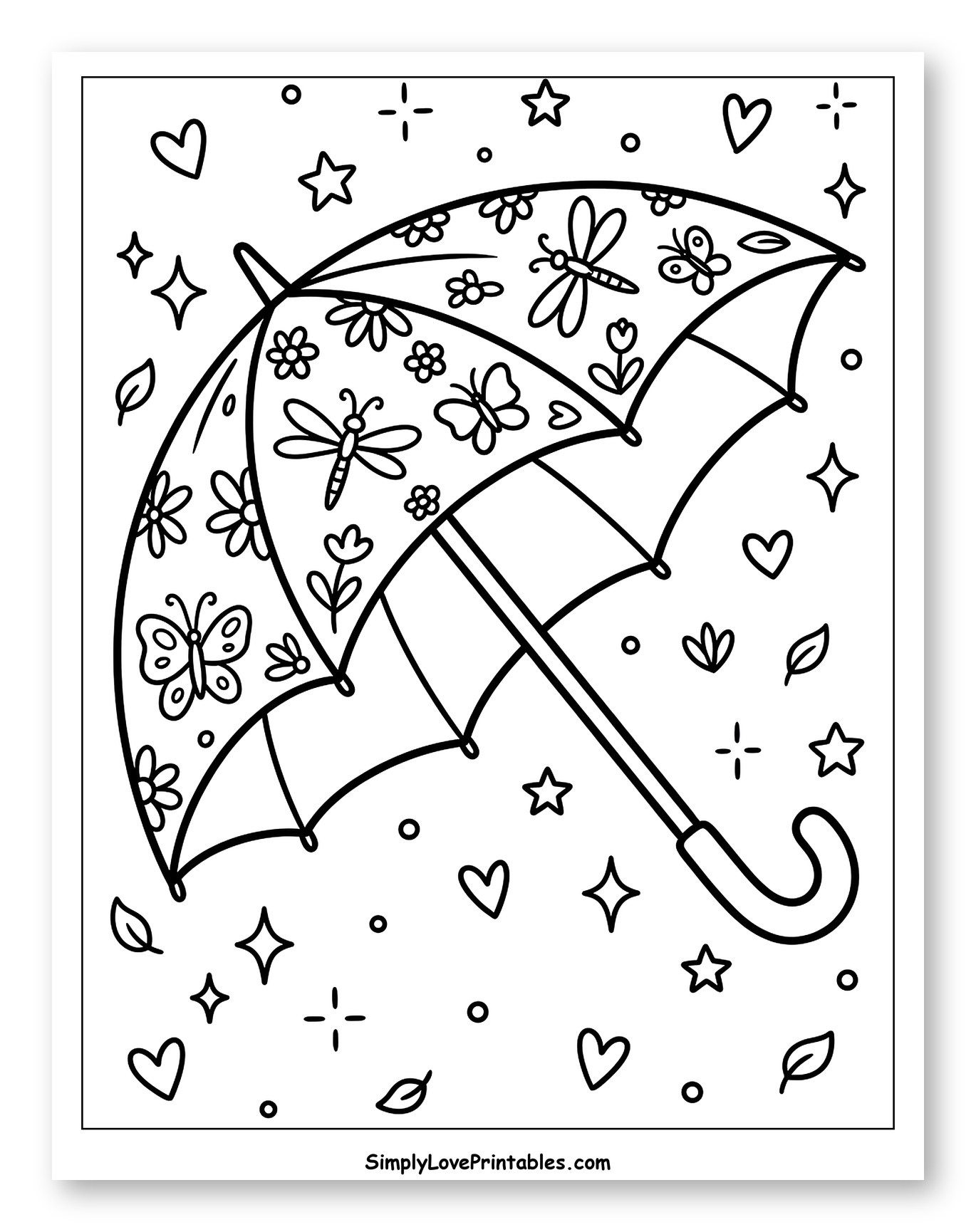 Whimsical Umbrella with Butterflies, Dragonflies, and Flowers to Color for Adults
