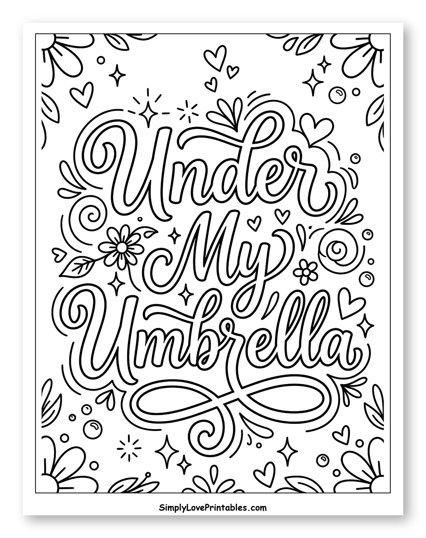 Whimsical Under My Umbrella Lettering Coloring Page for Adults