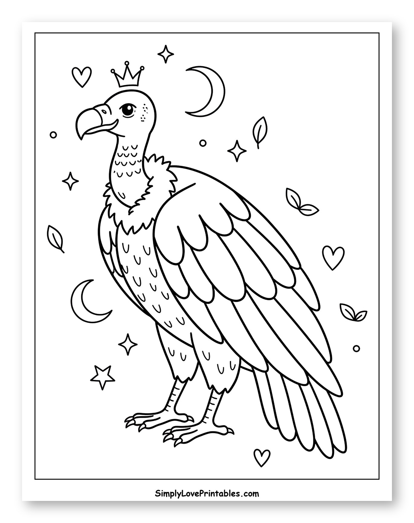 Whimsical Vulture with a Crown and Stars to Color for Adults