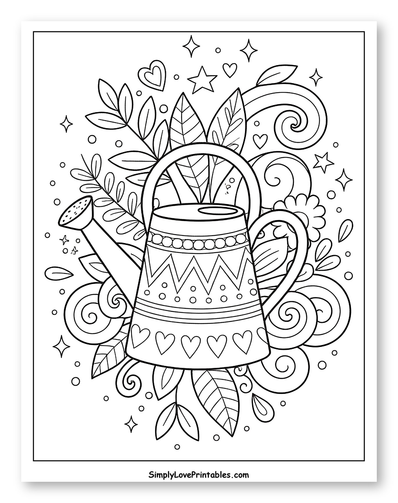 Whimsical Watering Can with Floral and Star Accents to Color for Adults
