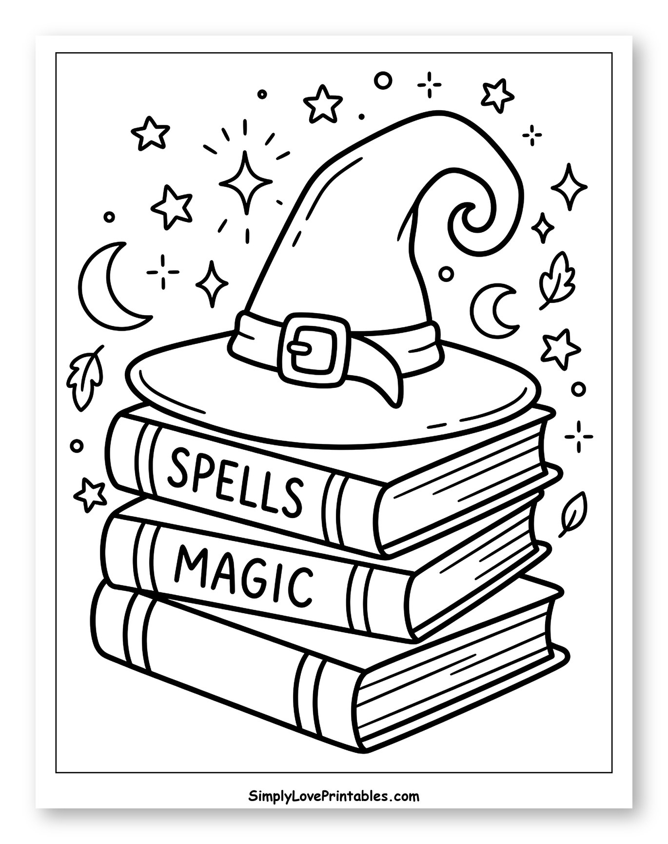 Whimsical Witch Hat and Spell Books Coloring Sheet for Adults