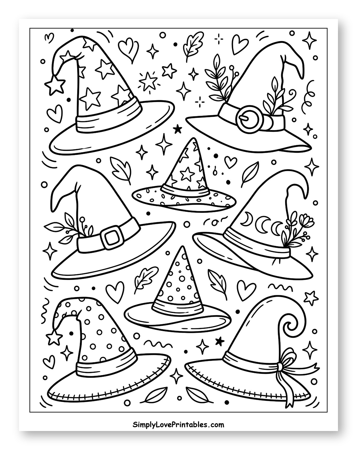 Whimsical Witch Hats with Stars and Hearts to Color for Adults