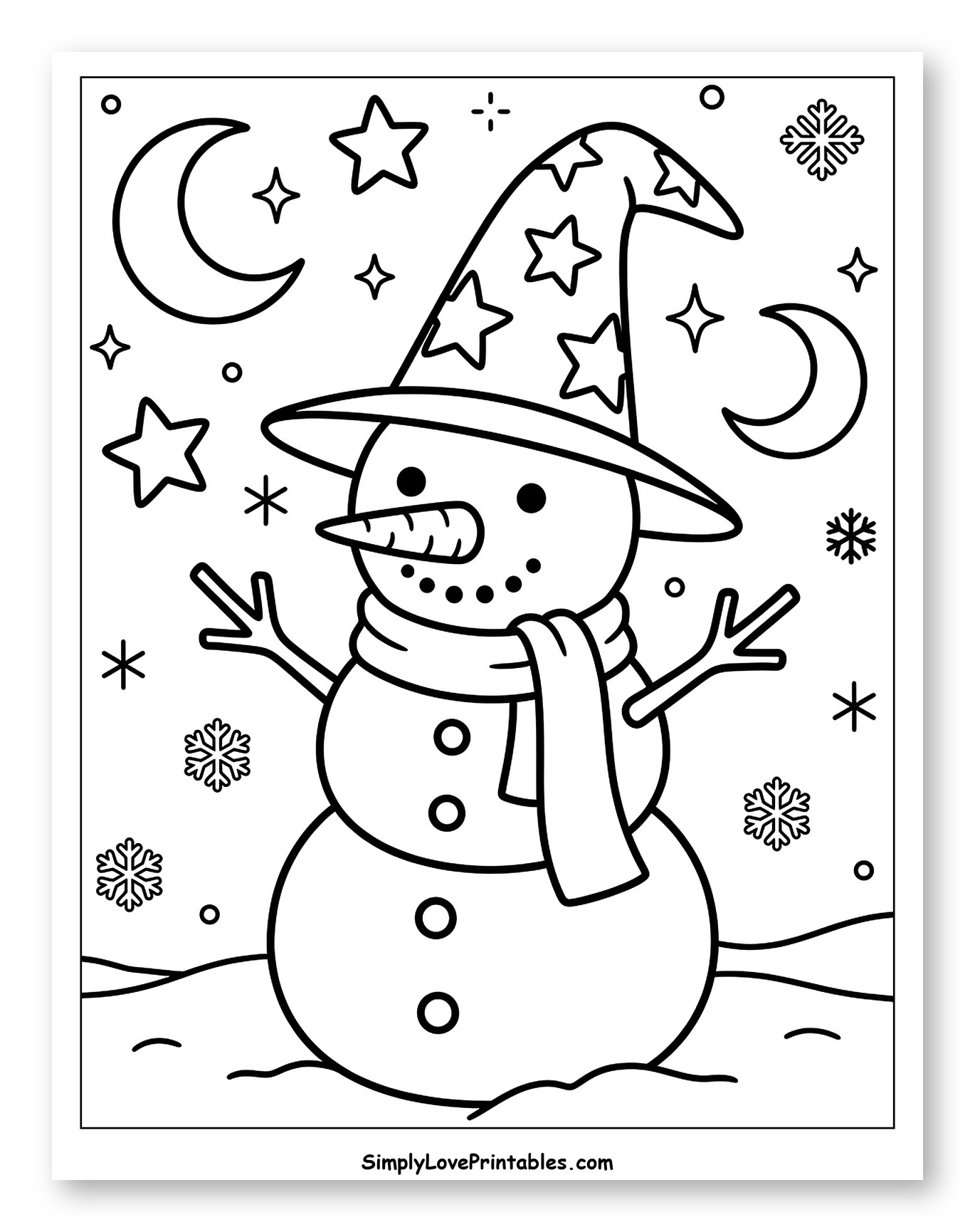 Whimsical Wizard Snowman under a Starry Sky Coloring Page for Adults