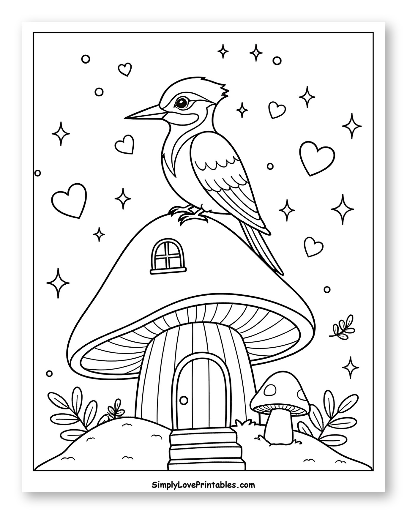 Whimsical Woodpecker on a Mushroom Home Coloring Sheet for Adults