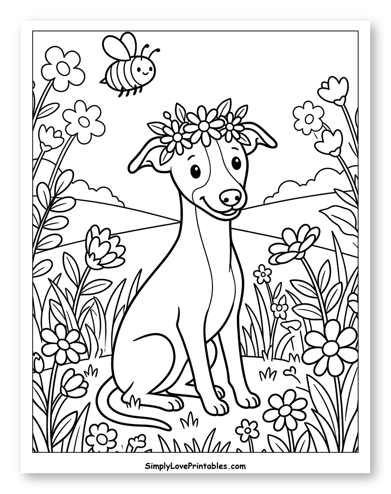 Whippet Dog Wearing a Flower Crown in a Field