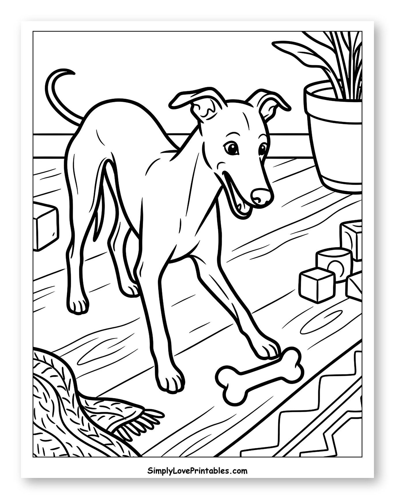 Whippet Playing with Bone on Wooden Floor to Color for Toddlers