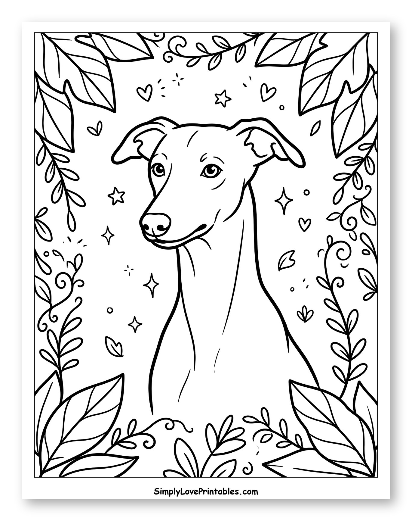 Whippet Portrait with Floral Border to Color for Adults