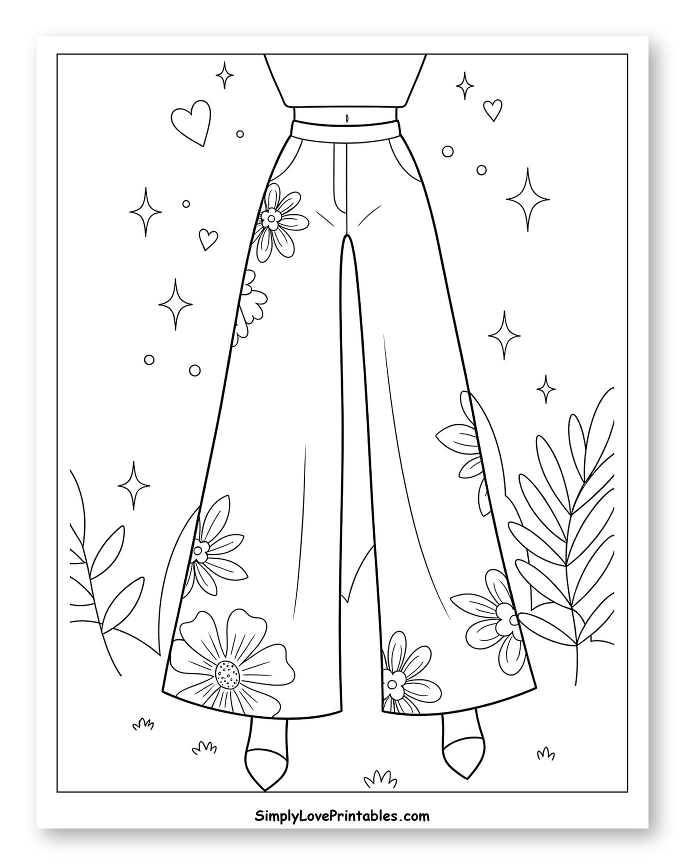 Wide-Leg Floral Pants with Whimsical Background Coloring Sheet for Adults