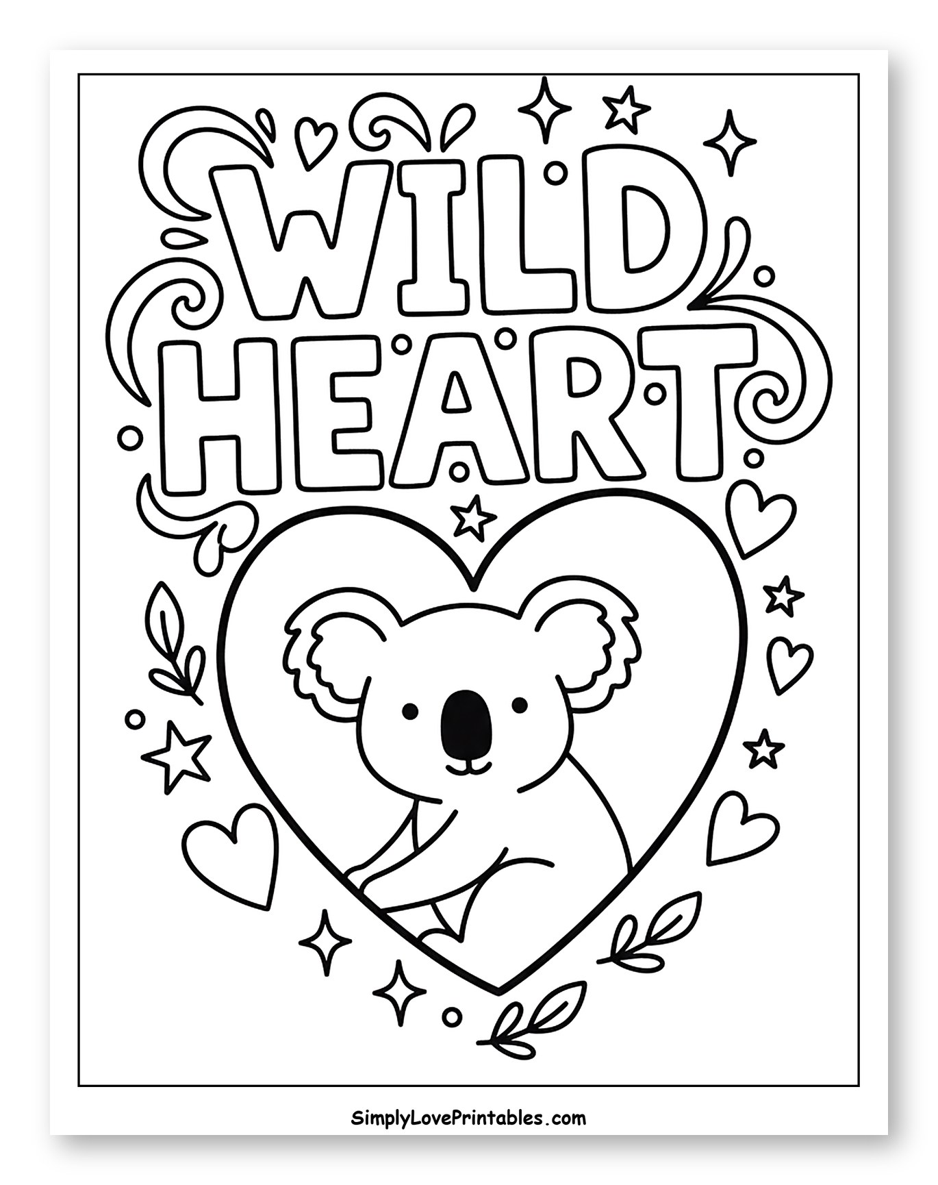 Wild Heart Koala in a Heart Coloring Page for Adults