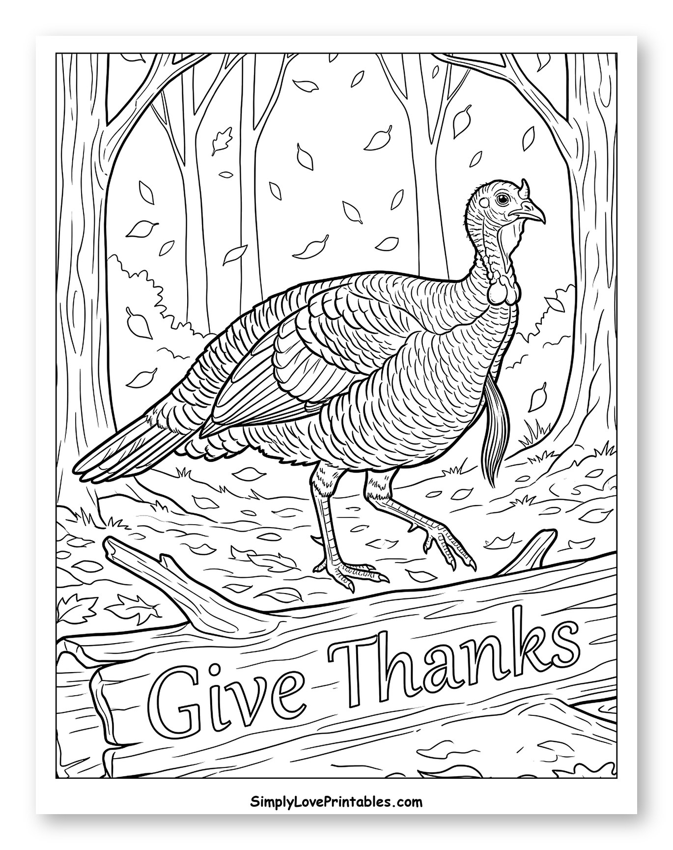 Wild Turkey in the Woods with Give Thanks Log Coloring Page