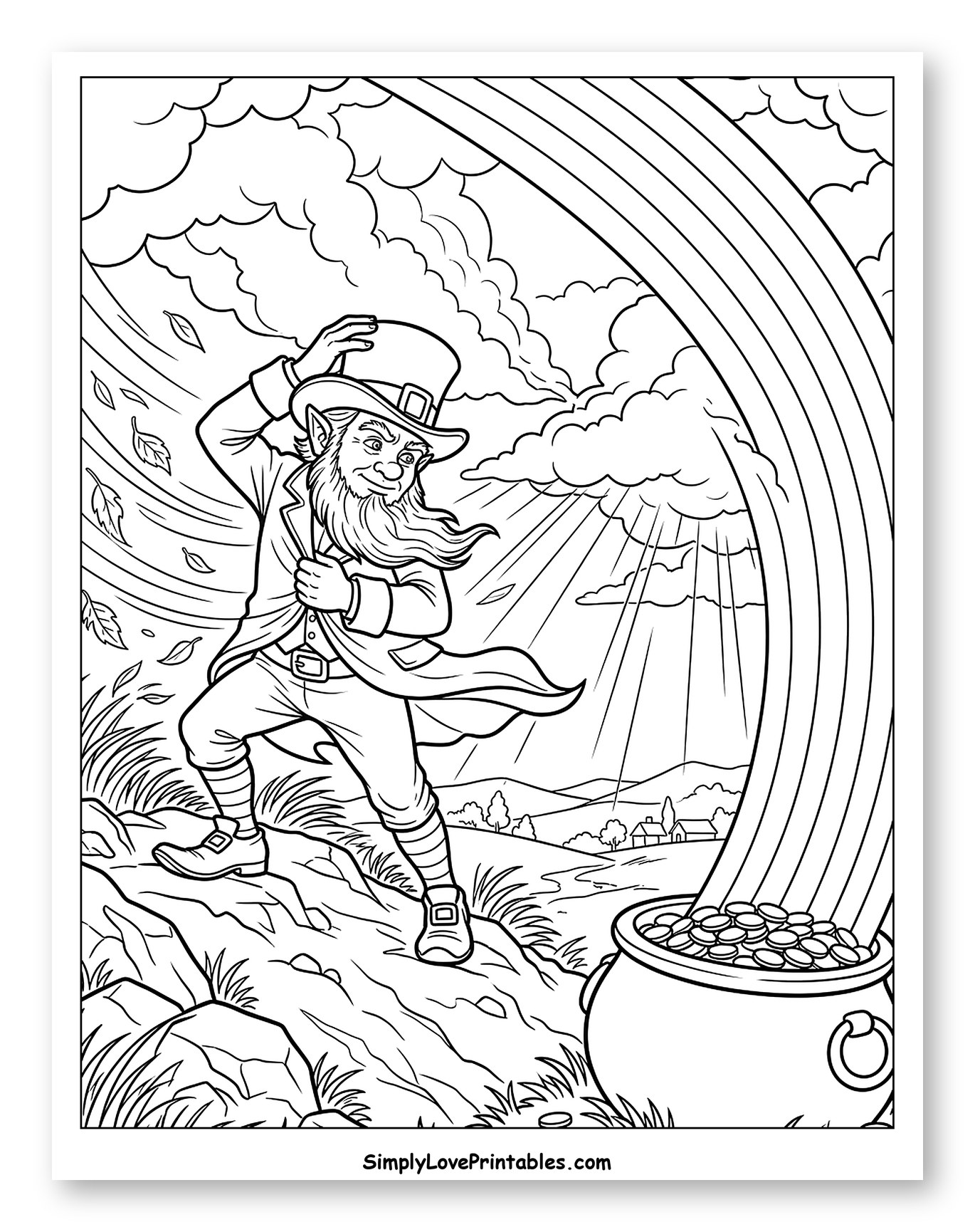 Windy Leprechaun with Rainbow and Pot of Gold