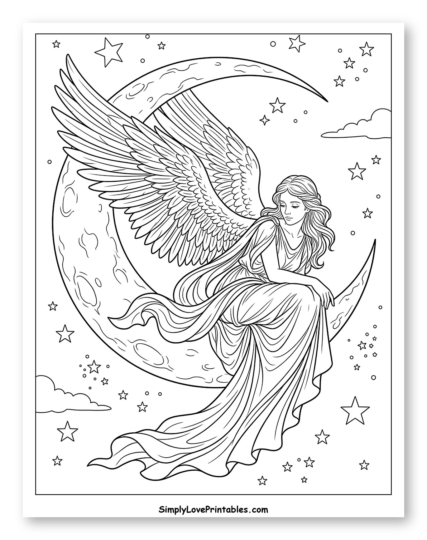 Winged Angel on Moon with Stars and Clouds