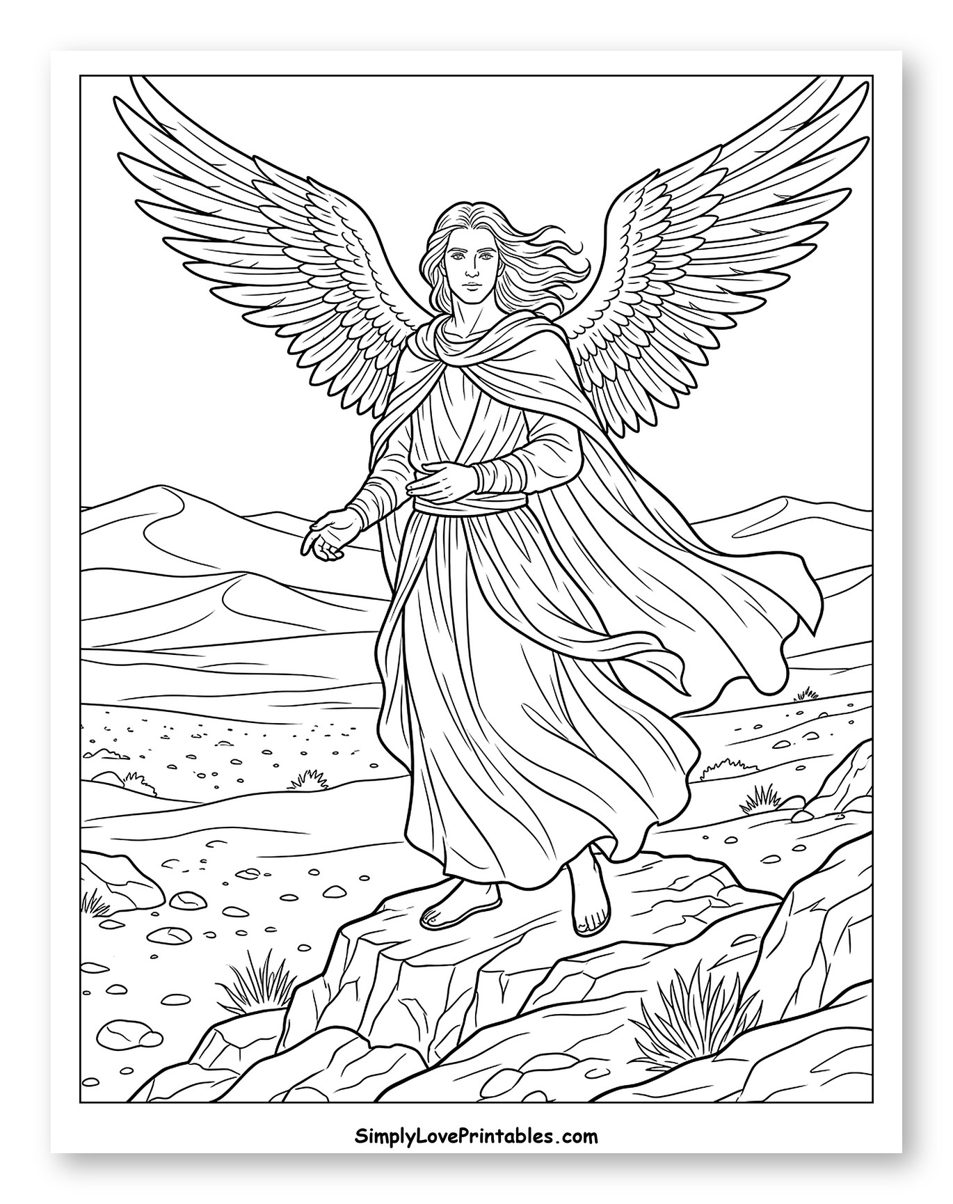 Winged Angel Standing in a Desert Landscape to Color