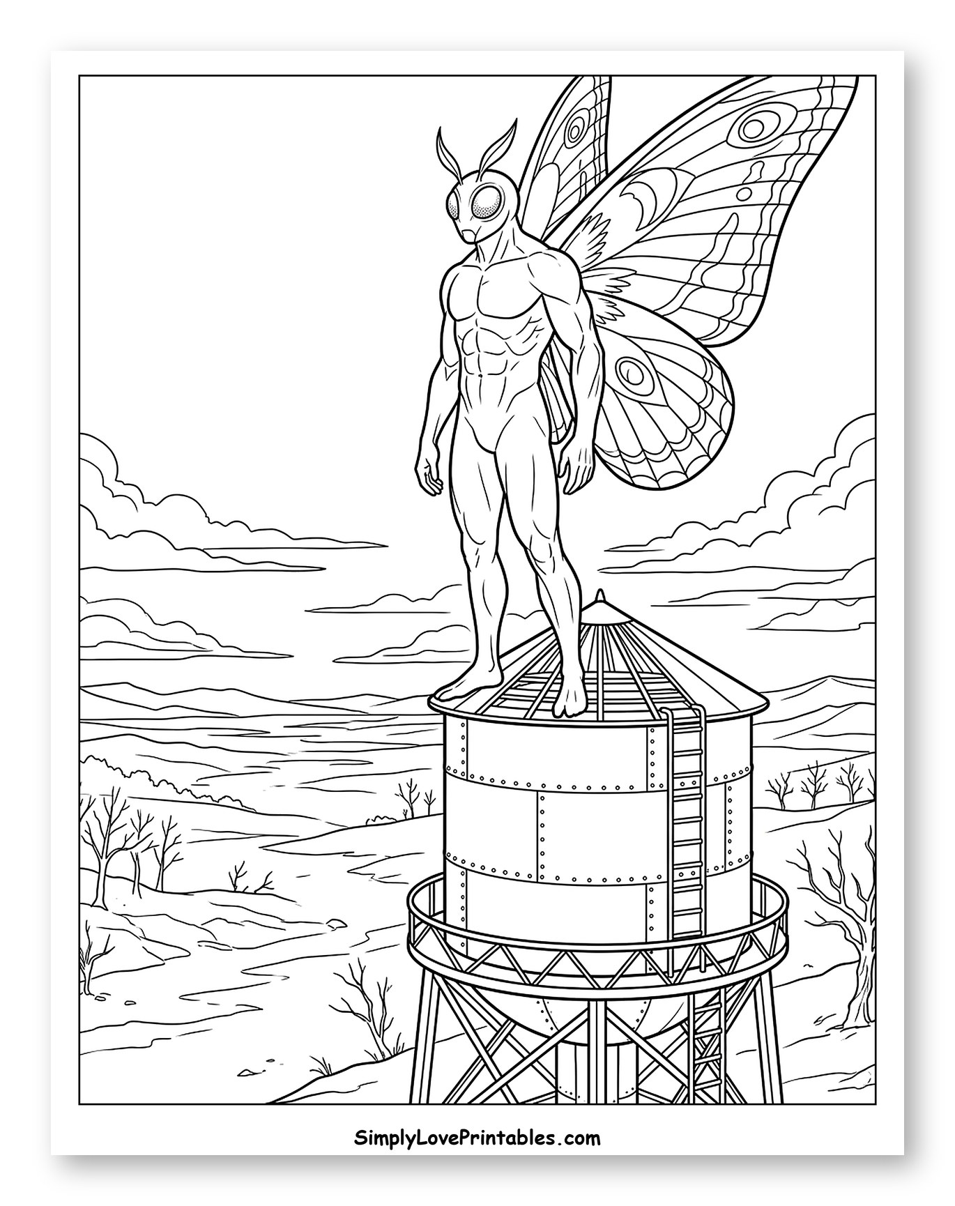 Winged Creature on a Water Tower Overlooking Landscape Coloring Page