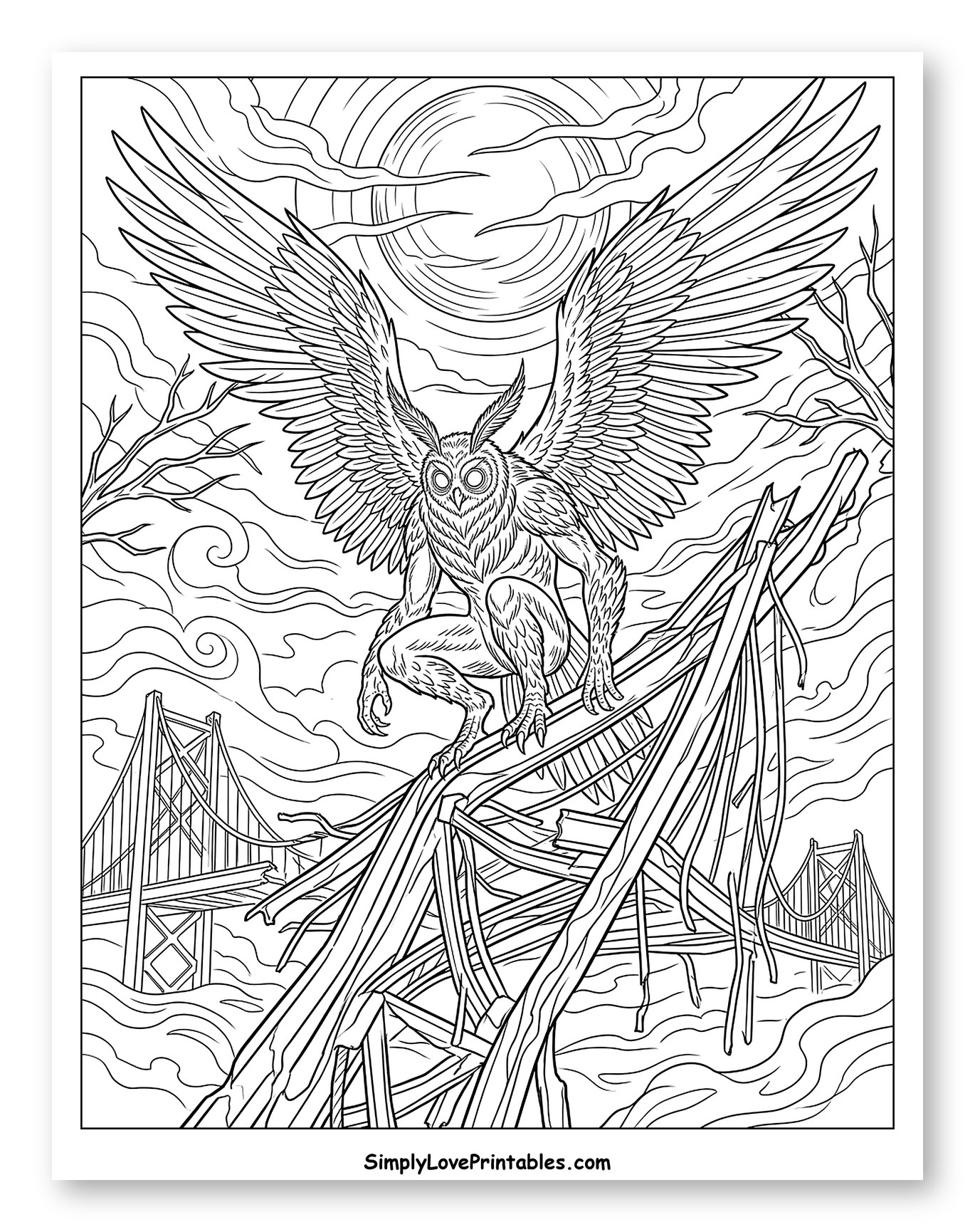 Winged Cryptid Perched on Broken Bridge Coloring Sheet