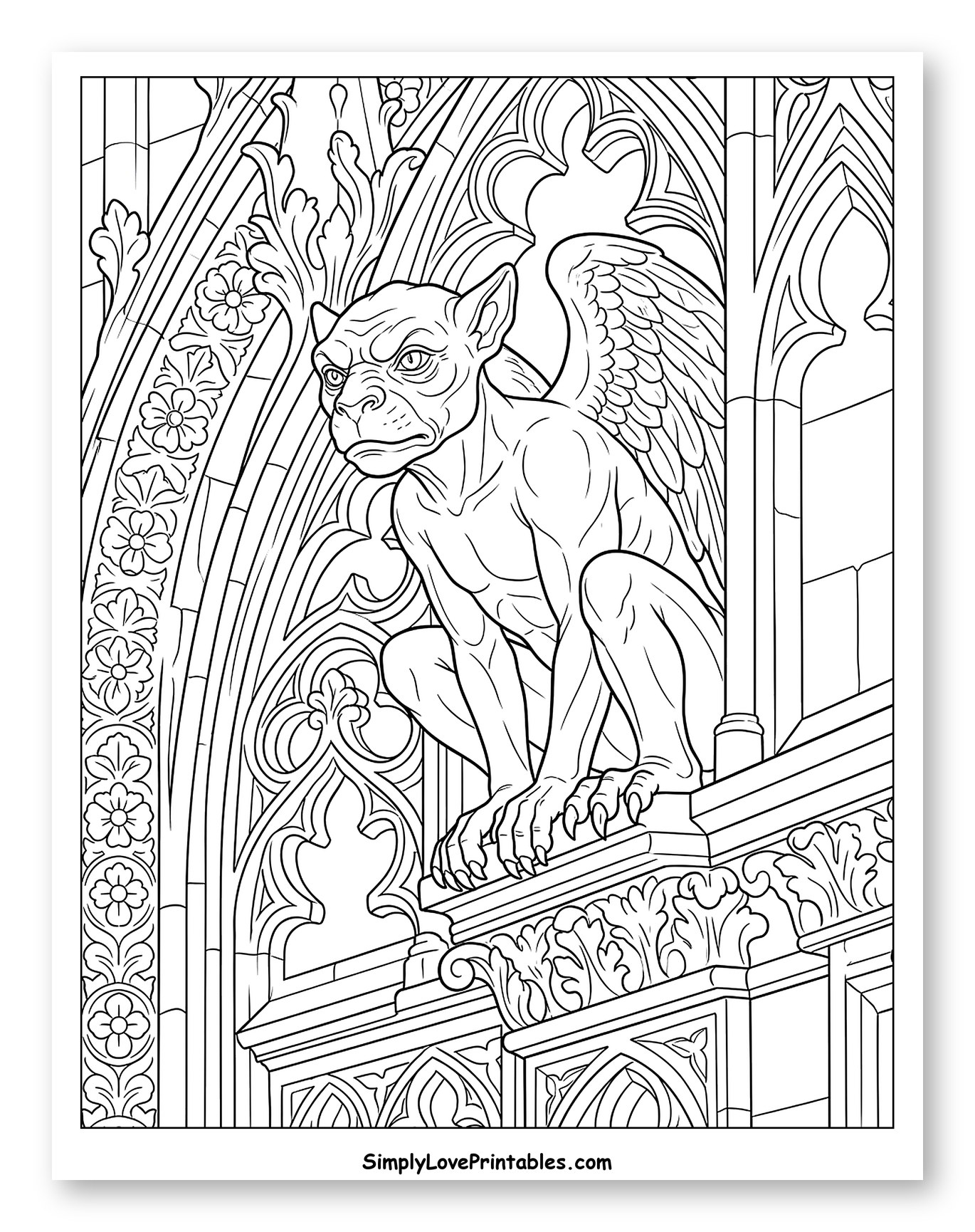 Winged Gargoyle on Intricate Gothic Architecture Coloring Sheet