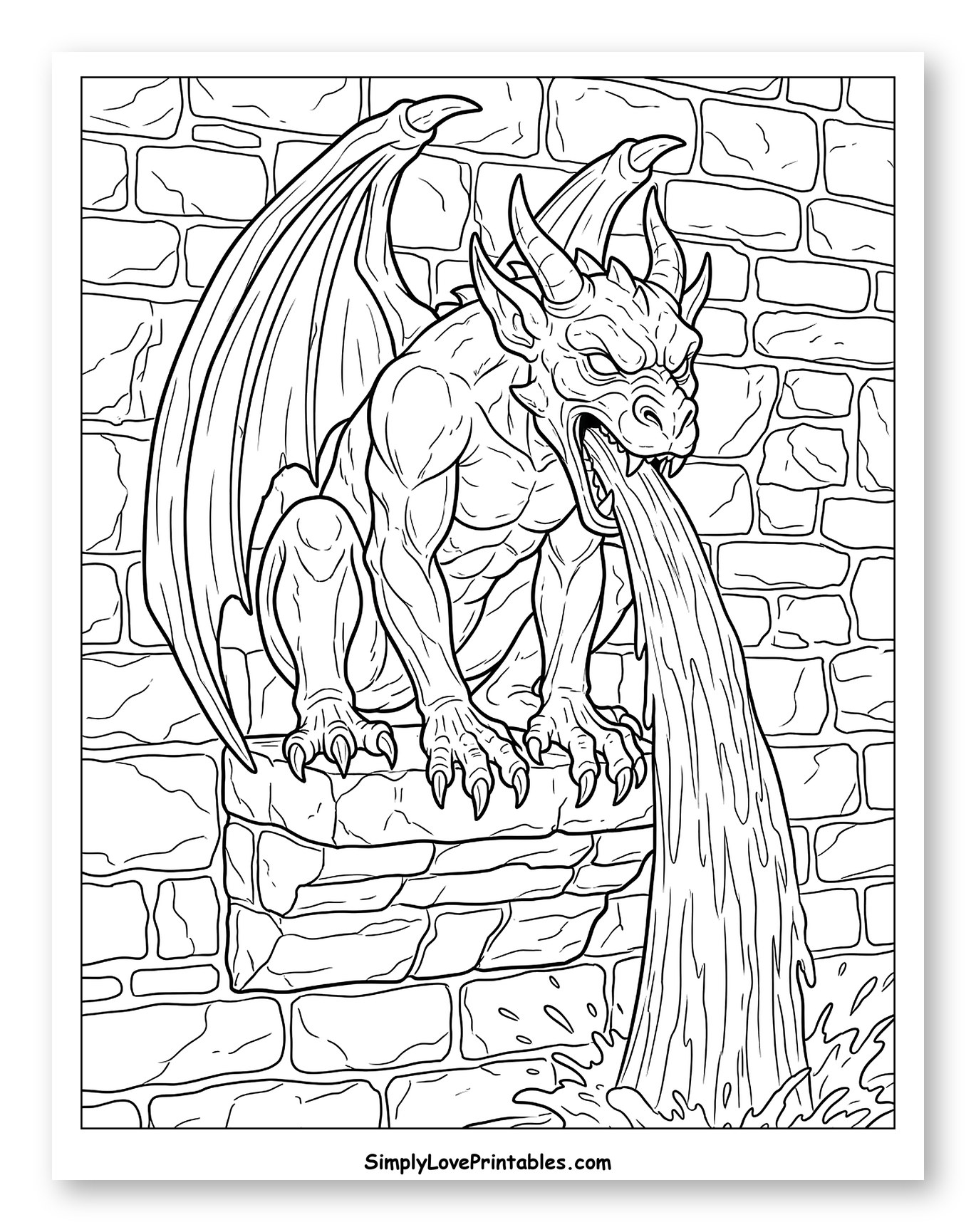Winged Gargoyle Spouting Water on Stone Ledge to Color