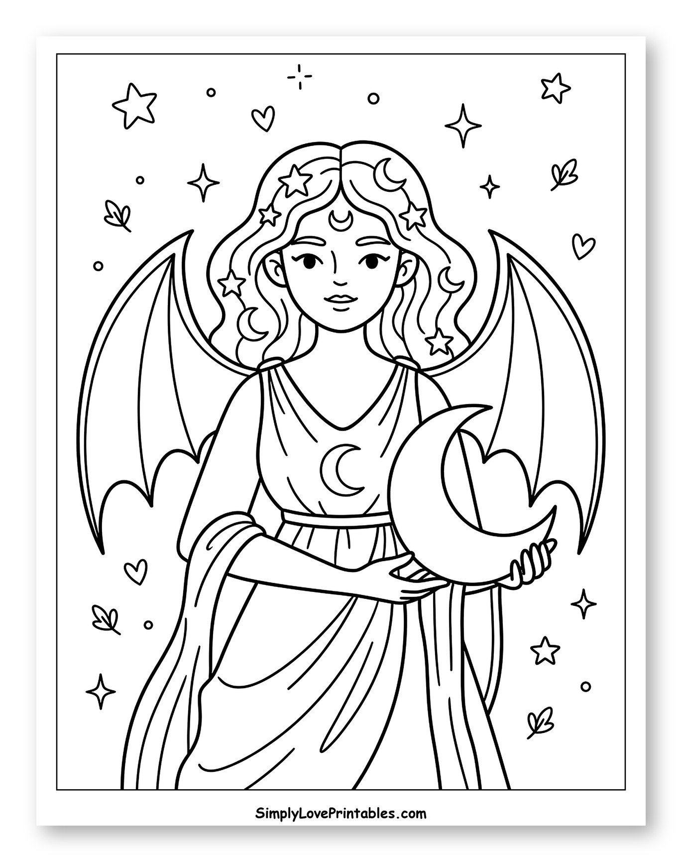 Winged Goddess with Moon and Stars to Color for Adults