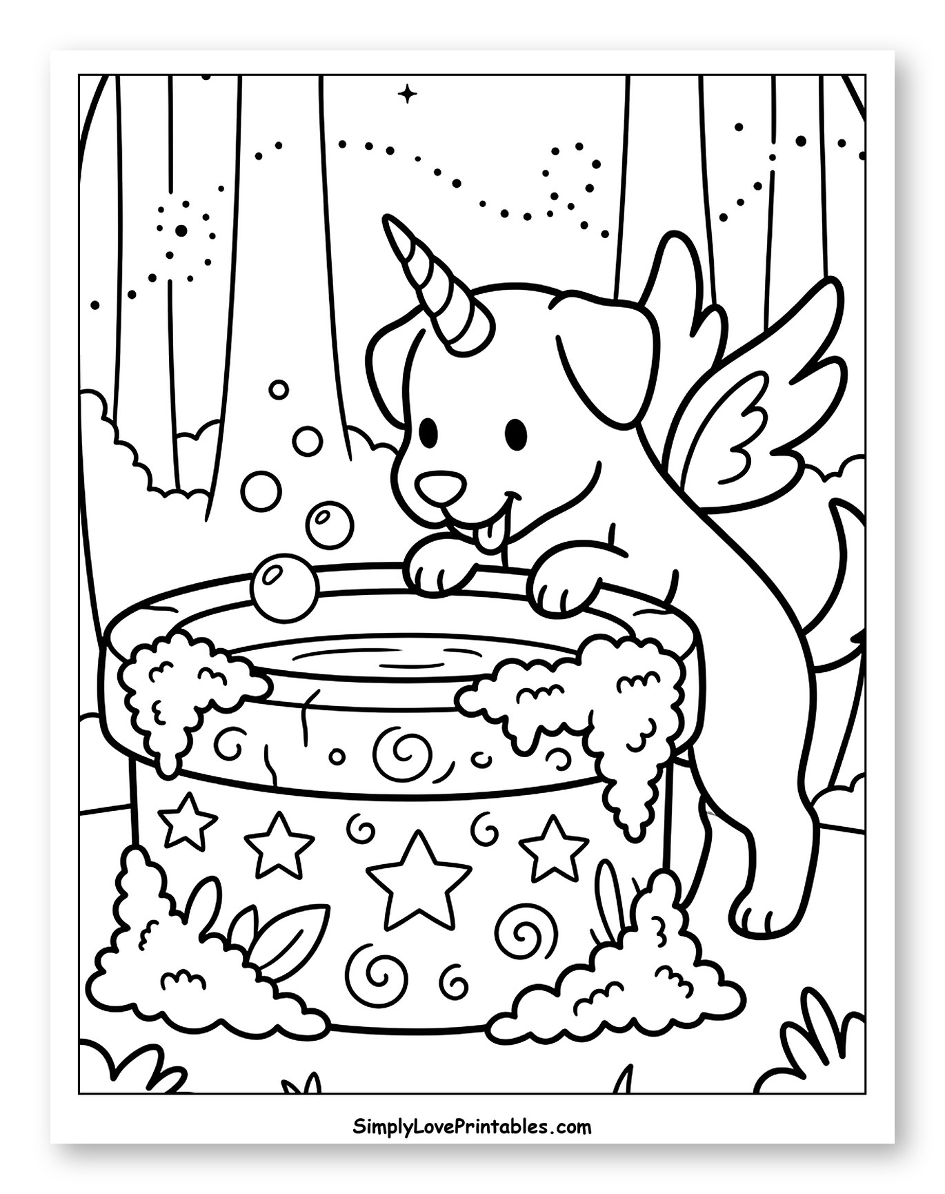 Winged Unicorn Dog in a Magical Bubble Bath to Color for Kids