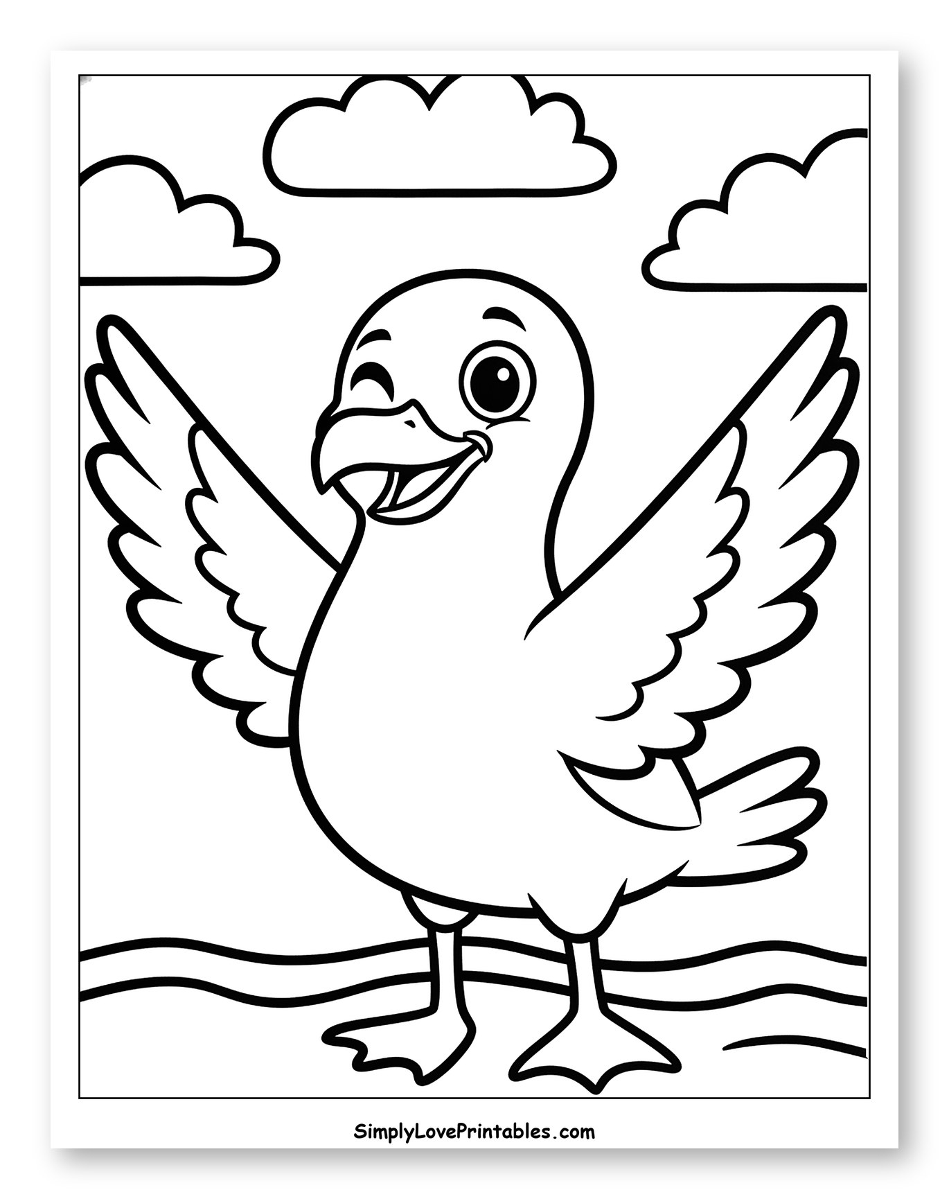 Winking Cartoon Seagull with Spread Wings to Color for Toddlers