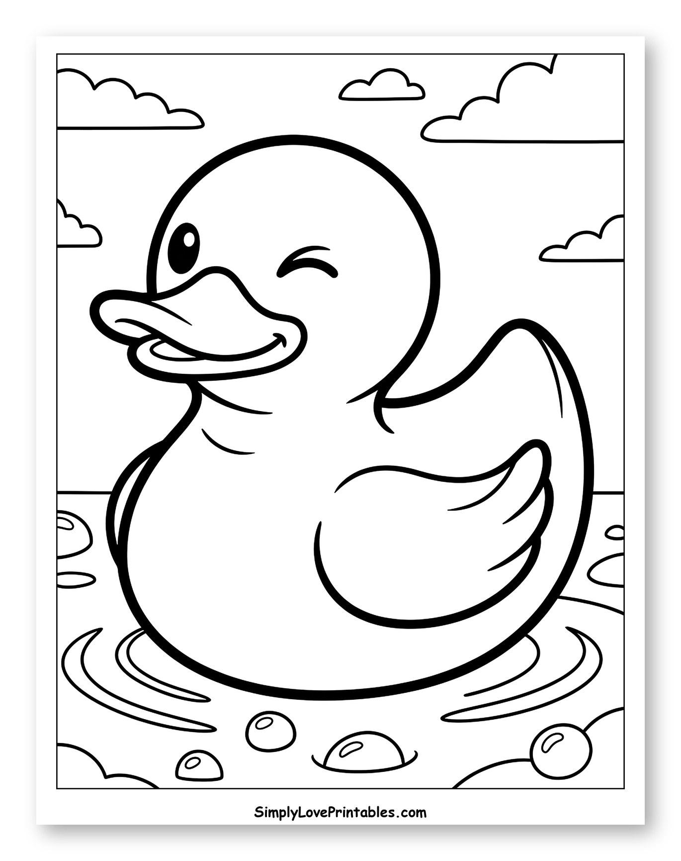 Winking Rubber Duck Floating in Water with Bubbles Coloring Sheet for Toddlers