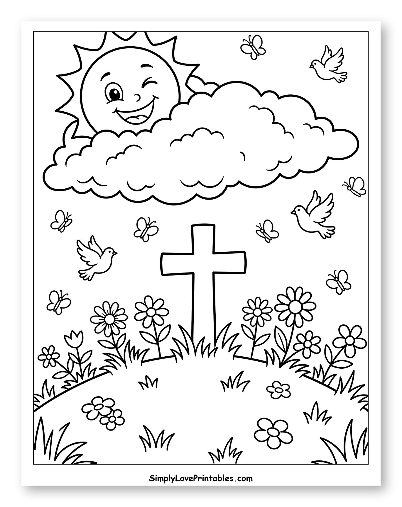 Winking Sun, Cross, Doves, and Flowers Coloring Sheet for Kids