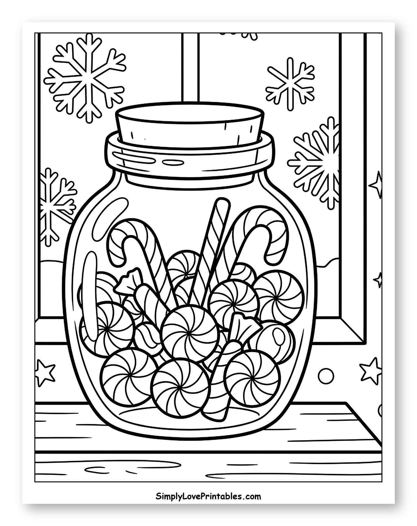 Winter Candy Jar with Snowflakes Coloring Page for Kids