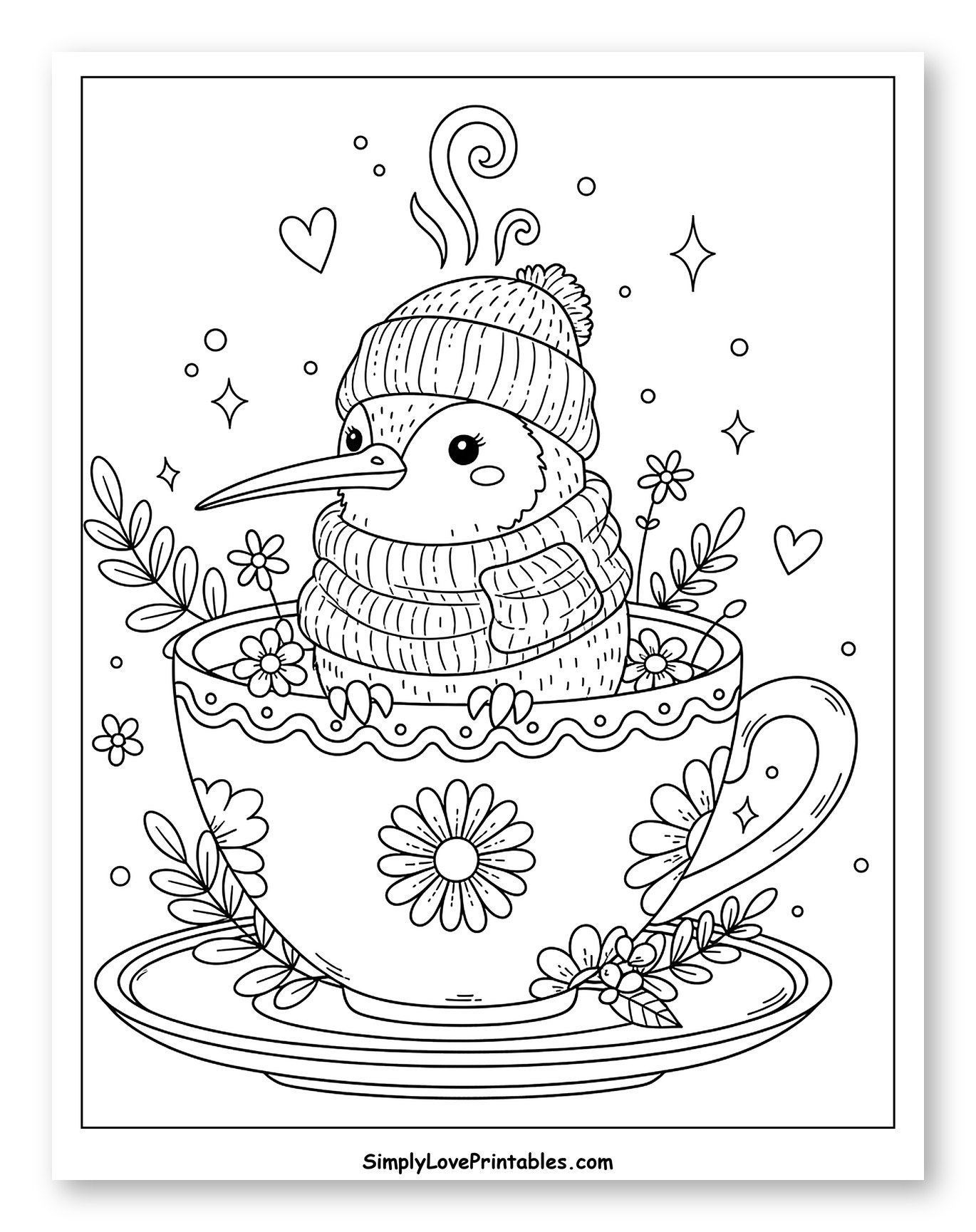 Winter Kiwi Bird in a Cozy Teacup Coloring Page for Adults